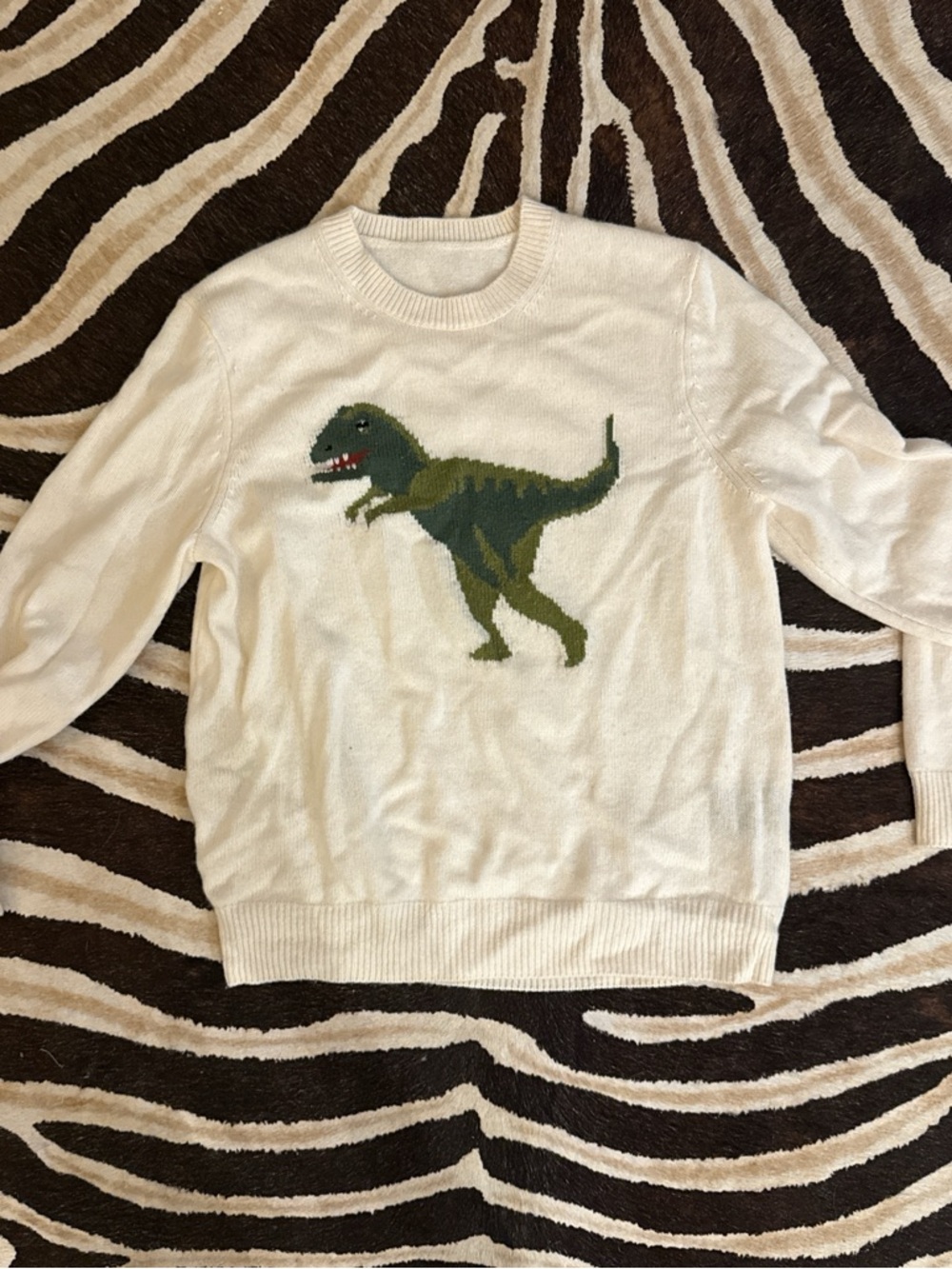 Coach White Crewneck Sweater with Green Dinosaur Motif
